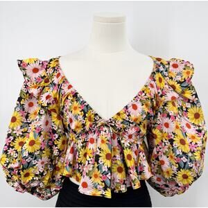 For Love & Lemons Yellow Floral Puff Sleeve Top Ruffle Crop Blouse Daisy S NWT